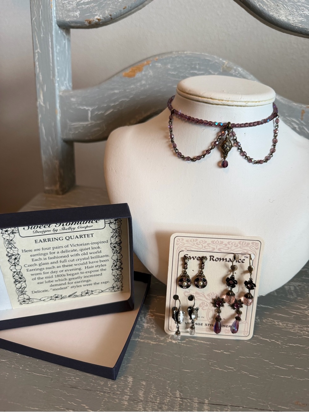 Vintage Sweet Romance Purple Beaded Choker Necklace and Earring Quartet Set